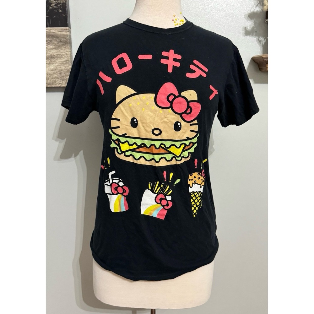 Hello Kitty Sanrio hamburger kitty Japanese kanji kawaii foods black tshirt SM